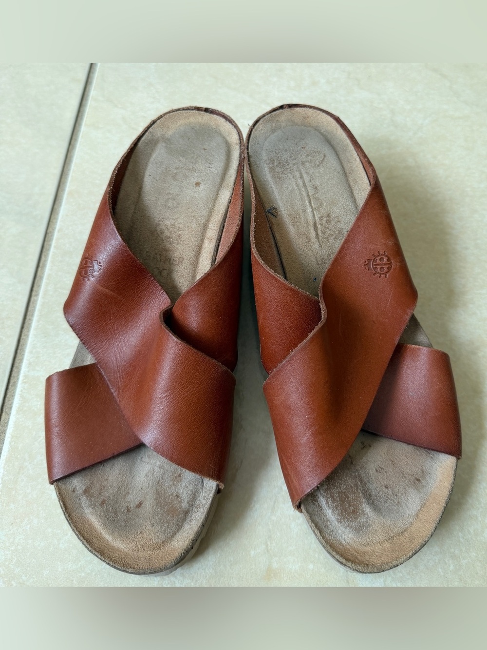 Yokono Sandals Womens 8 Candela Slide Crisscross Strap Wedge Heels Brown Leather